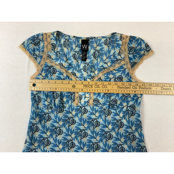 Boho Chic Blue Floral Lace Trim Cap‎ Sleeve Top Women's M Vintage - Picture 8 of 9